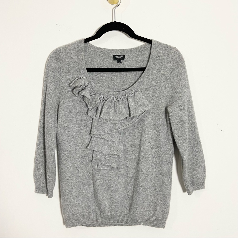 Talbots Cashmere Gray Ruffle Front Scoop Neck 3/4 Sleeve Sweater